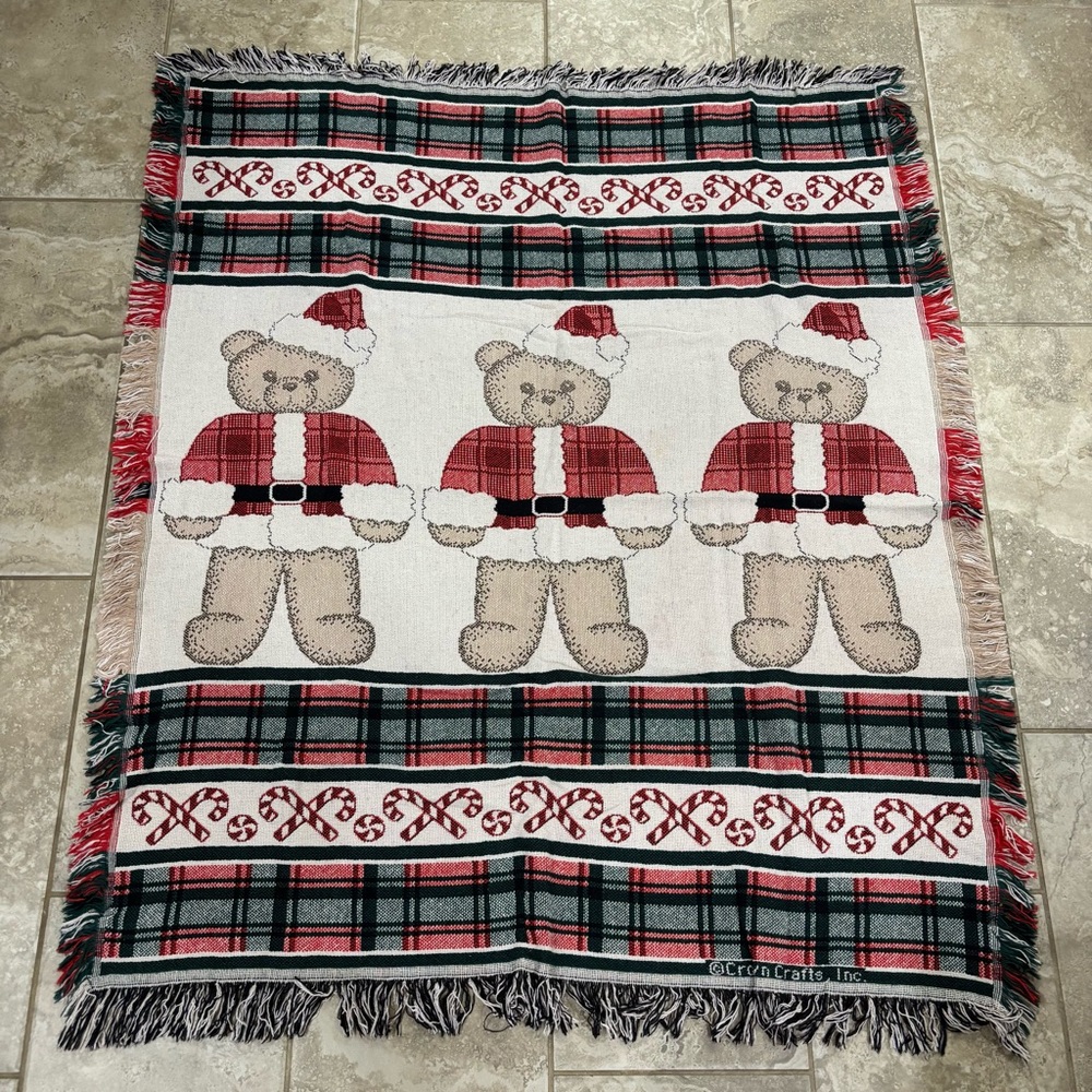 Crown Crafts Christmas Teddy‎ Bears Woven Throw Blanket Cotton Made in USA